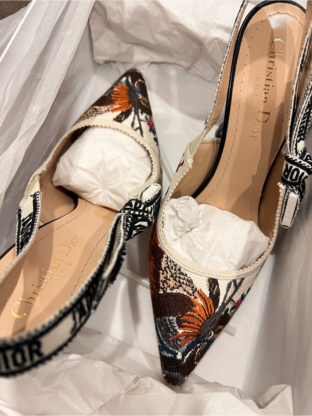 Dior J'Adior Embroidered Slingback Pumps in Cream, Pink, Blue & Brown - Picture 6 of 7